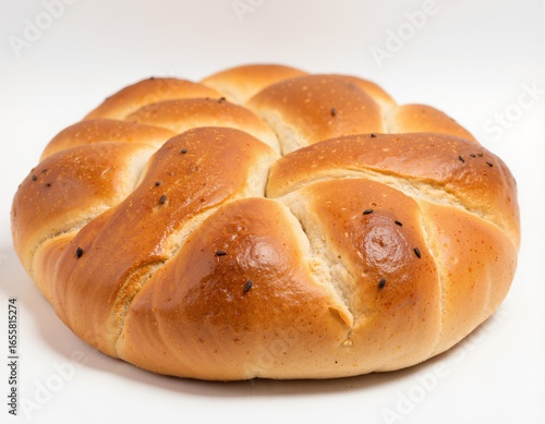 Braided bread, round loaf, golden crust, soft texture, white background, appetizing look