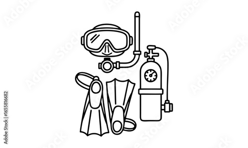 Vector line icon of scuba diving gear mask flippers and oxygen tank.