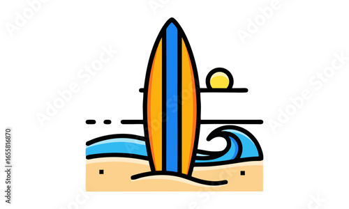 Simple icon of a surfboard on the beach, bold colors, stylized