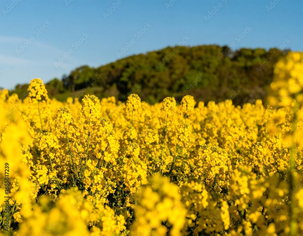 Fototapeta premium Yellow flowers field with trees in background