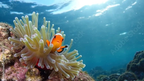 Clownfish swim among sea anemones, hiding nimbly in their natural homes, creating an underwater scene full of colorful and uniquely enchanting life