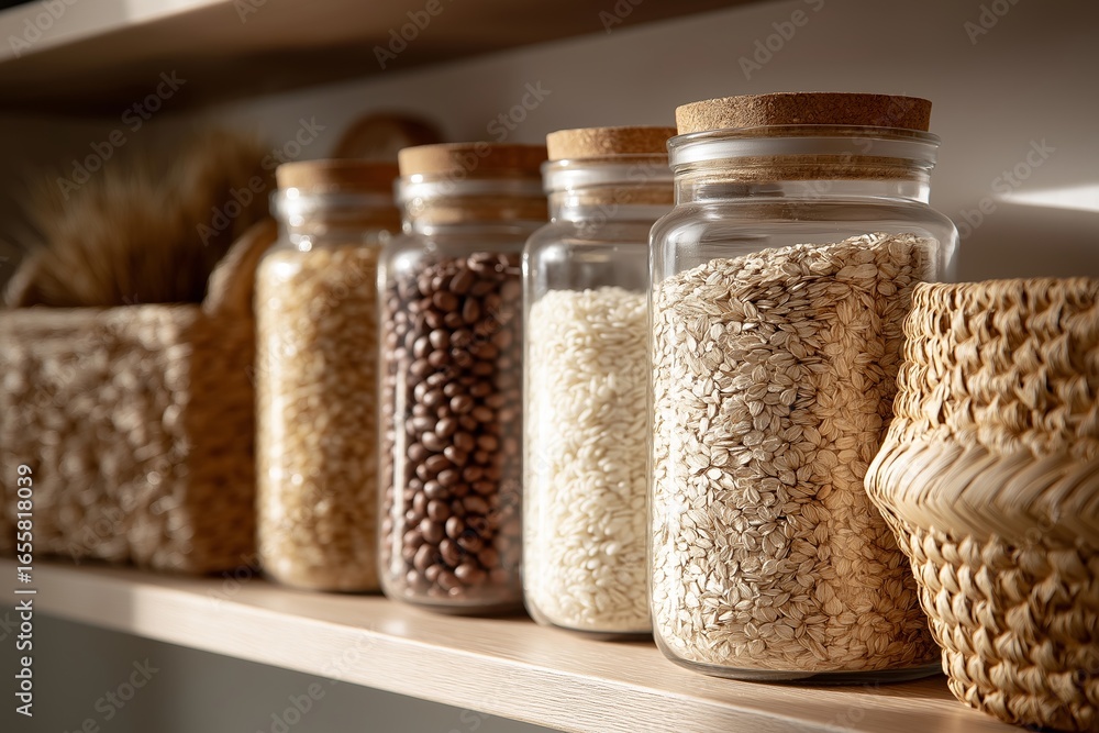 Pantry shelves with rice, beans, oats and wicker baskets Pantry shelves with rice, beans, oats and wicker baskets