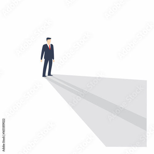 A minimalist illustration of a businessman in a suit with a prominent long shadow stretching forward, symbolizing leadership, vision, a clear path to success, and a forward-thinking business strategy.