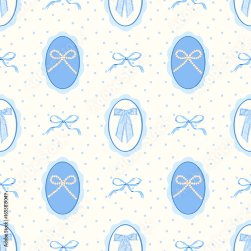 Seamless Blue Bow and Pearl Ribbon Pattern on creamy white. Cute Polka Dot Kawaii Aesthetic Vector Background