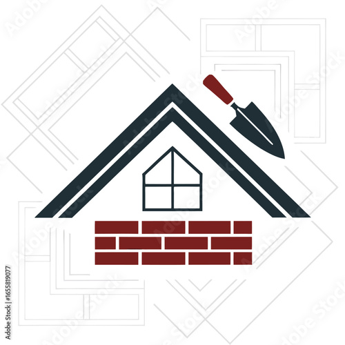 House construction logo with trowel bricks and blueprints on white background home building