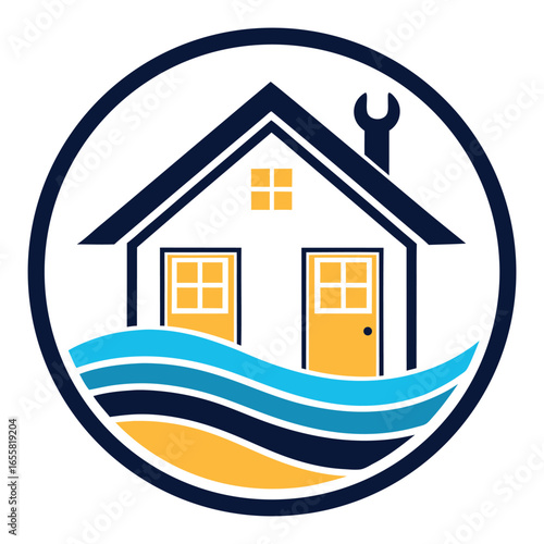 House Logo with Wrench and Water Waves in Circle home building