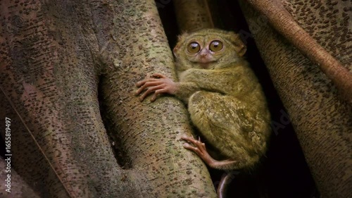 Pair of cute Gursky Spectral tarsier or Tangkasi or Wusing Tarsius spectrumgurskyae, Sulawesi in Indonesia, the smallest primate sitting in the tree, split this species off from the spectral tarsier.