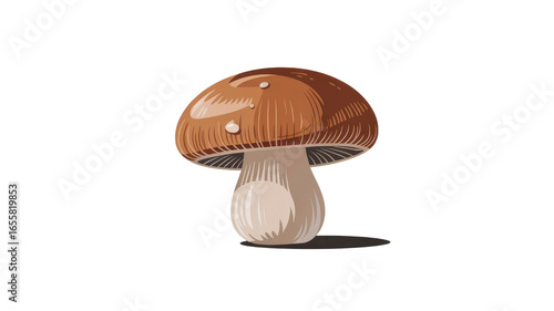 Single Brown Mushroom with Dew Drops - Vector Illustration