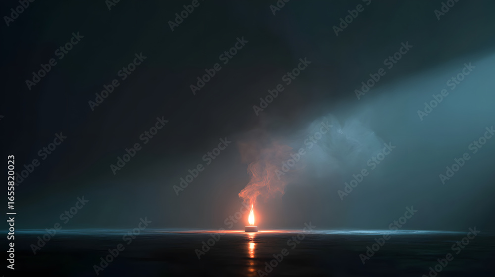 Obraz premium Minimal glowing flame rising in complete darkness with ethereal fog and cinematic shadows for a mystical album cover