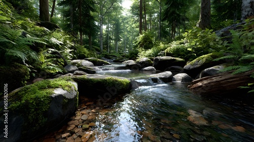 Sunlit Forest Stream Flowing Through Mossy Rocks Surrounded by Lush Greenery in a Tranquil Setting