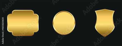 three gold elements on a black background. From left to right: a rectangular plate with notches on the edges, a round medal or badge, and a shield-shaped form.