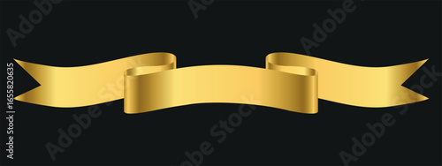 a gold ribbon with a wavy design on a black background. The ribbon has two intersecting layers with pointed ends that give it an elegant and decorative look.