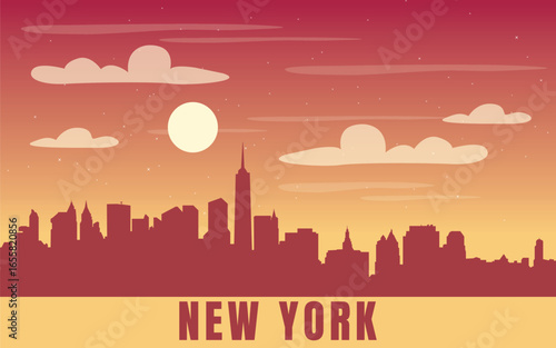The silhouette of the city of New York against the backdrop of the Great White Sun setting. Several fluffy clouds are scattered in the sky. The atmosphere looks calm and artistic.