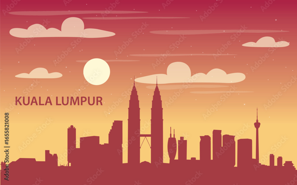 Fototapeta premium a stylized silhouette of the city of Kuala Lumpur at sunset or sunrise.