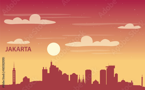 a stylized silhouette of the city of Jakarta at sunset or sunrise.