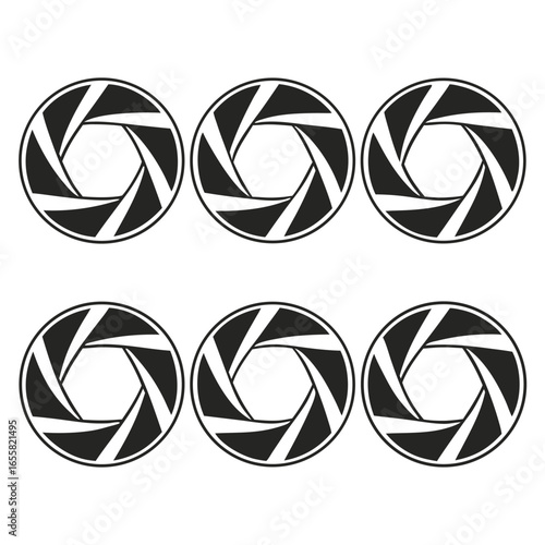 Six black camera aperture icons arranged in two rows on a white background lens diaphragm