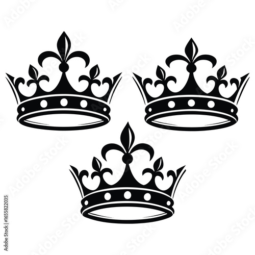 Three black royal crowns with ornate designs on white background monarchy king