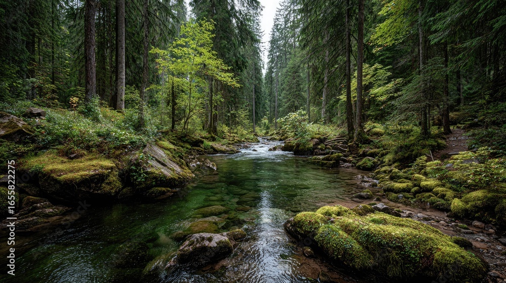 Fototapeta premium Serene stream flows through lush, moss-covered forest