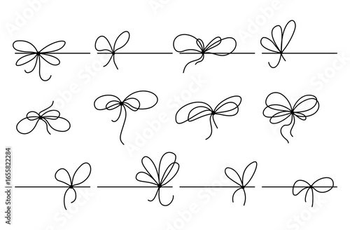 Simple hand-drawn gift ribbon bow with a neat knot in minimal outline style. Thin line vector icon set in clean doodle style. Perfect for present boxes, cards, and design elements
