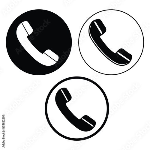 Three telephone icons in black and white circles on a white background Keywords: telephone, icon, symbol