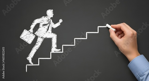 Career growth concept illustration of businessman climbing stairs drawn with chalk on blackboard