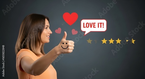 Customer feedback review satisfaction rating experience client testimonial happy woman thumbs up like it