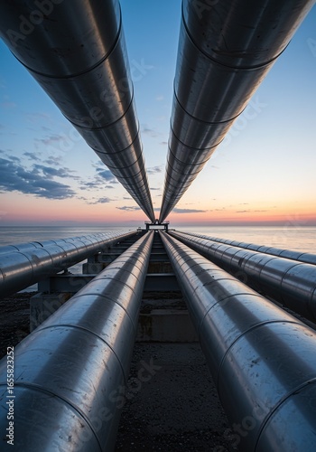 Steel pipes and pipelines stretch to the horizon against a beautiful sunset, symbolizing energy, industry, and infrastructure. Natural gas transportation