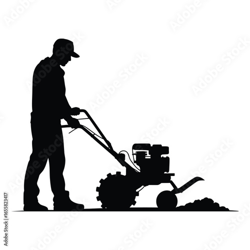 Man Operating Tiller Silhouette, Vector, Illustration, Outline, Line Art, Icon, White Background.