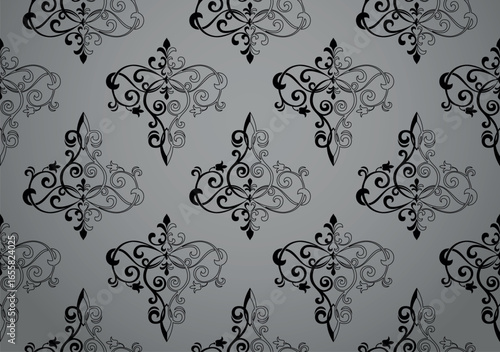 Wallpaper in the style of Baroque. Gray and black floral ornament. Seamless vector background. Graphic pattern for fabric, wallpaper, packaging. Ornate Damask flower illustration