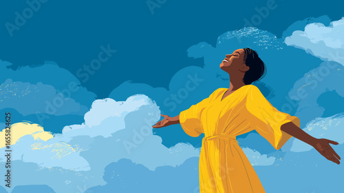 Stylized Handdrawn African Woman in Yellow Dress Reaching for Sky Illustration