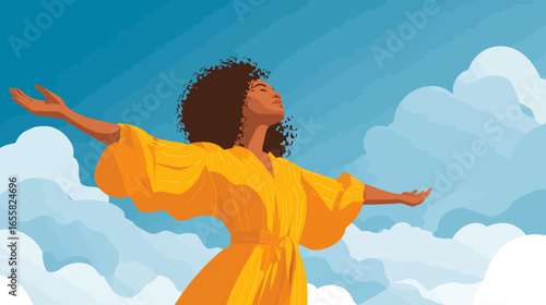 Illustrated Minimalist Woman in Yellow Dress Reaching Up to Sky Art