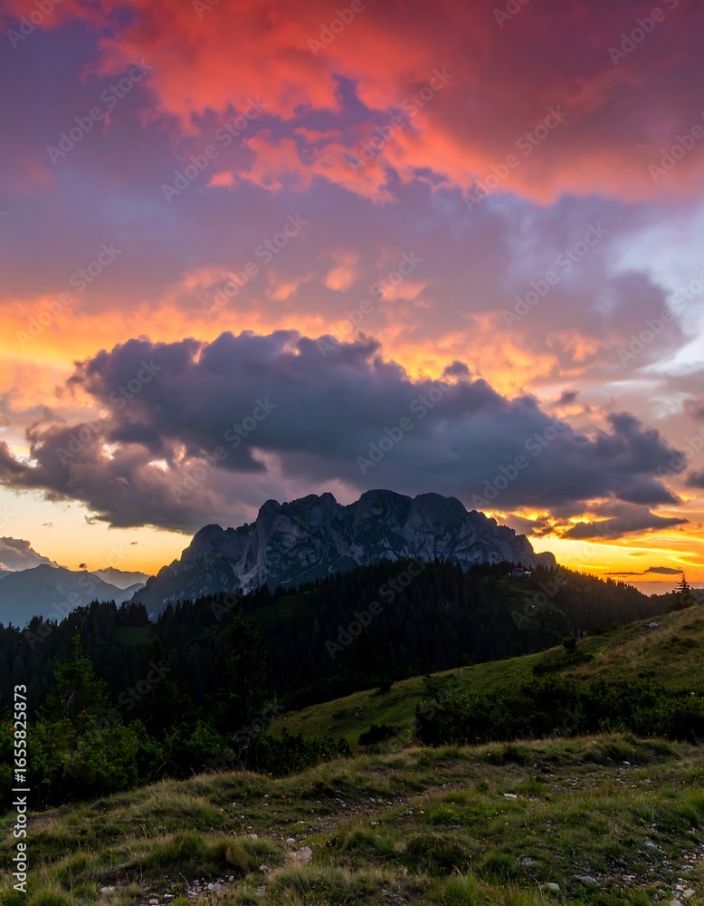 Obraz premium Vibrant sunset colors paint the sky above a silhouetted mountain range and rolling hills