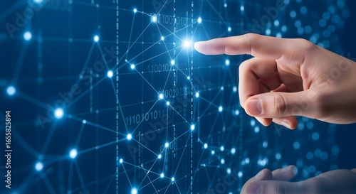 Exploring the future of technology: hand touching digital network interface for innovation era