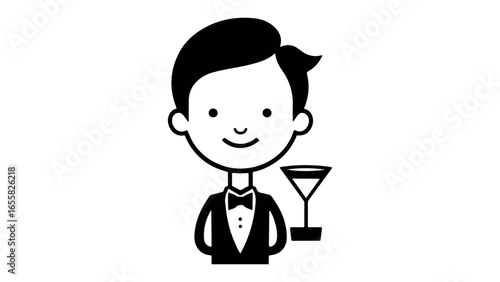 simple bartender shape with a little drink on the side black and white vector illustration, simple shape of a smiling servant vector illustration