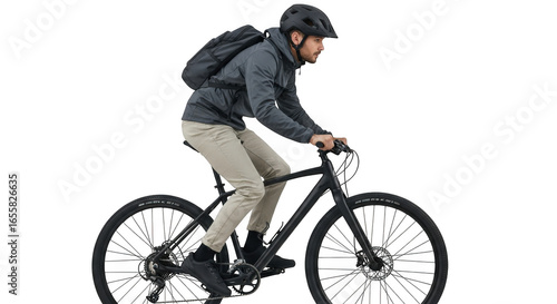 Man wearing a helmet and backpack riding a bicycle isolated on transparent background