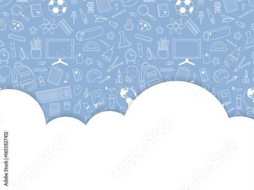 Pattern with school supplies and copy space for information. School themed template - blue background with white cloud for text. Mockup for flyer, leaflet, brochure, announcement, vector graphic