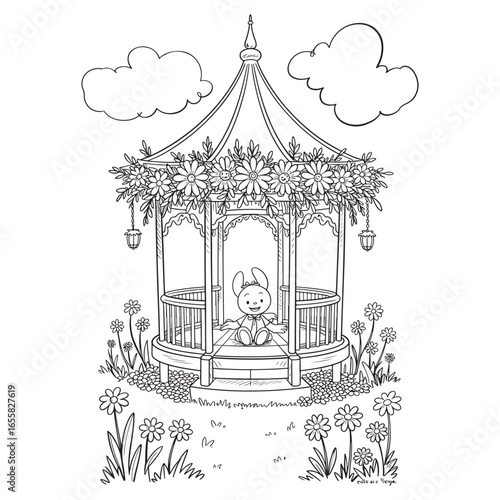 Coloring page for children with a cute bunny in a garden gazebo