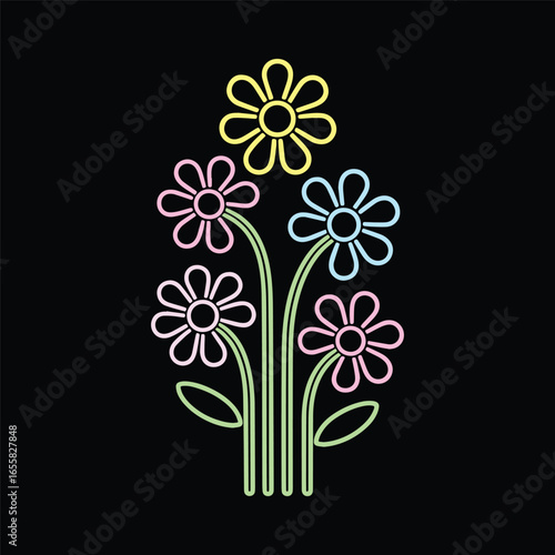 Colorful flowers illustration in a glowing neon light style