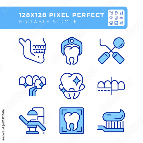 Stomatology service pixel perfect line color icons set. Teeth whitening, dental diagnosis. Bruxism illness. Vector illustrations. Simple flat colorful symbols collection. Editable stroke