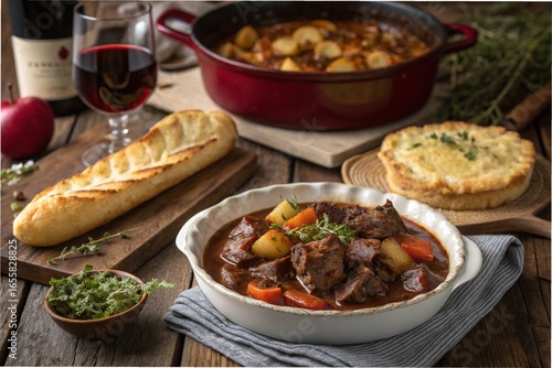 Beef bourguignon (beef stew in red wine), potato gratin, baguette, and apple tart, on a wooden farmhouse table with a cozy rustic kitchen atmosphere