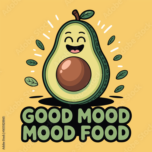 Good Mood Good Food' quote with a happy avocado character