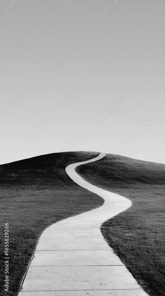 Fototapeta premium Winding path ascends a grassy hill against a pale sky