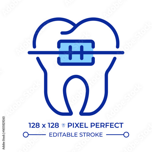 Orthodontic braces pixel perfect line color icon. Dental treatment, teeth alignment. Oral care, smile correction. Isolated vector illustration. Flat colorful symbol design. Editable stroke
