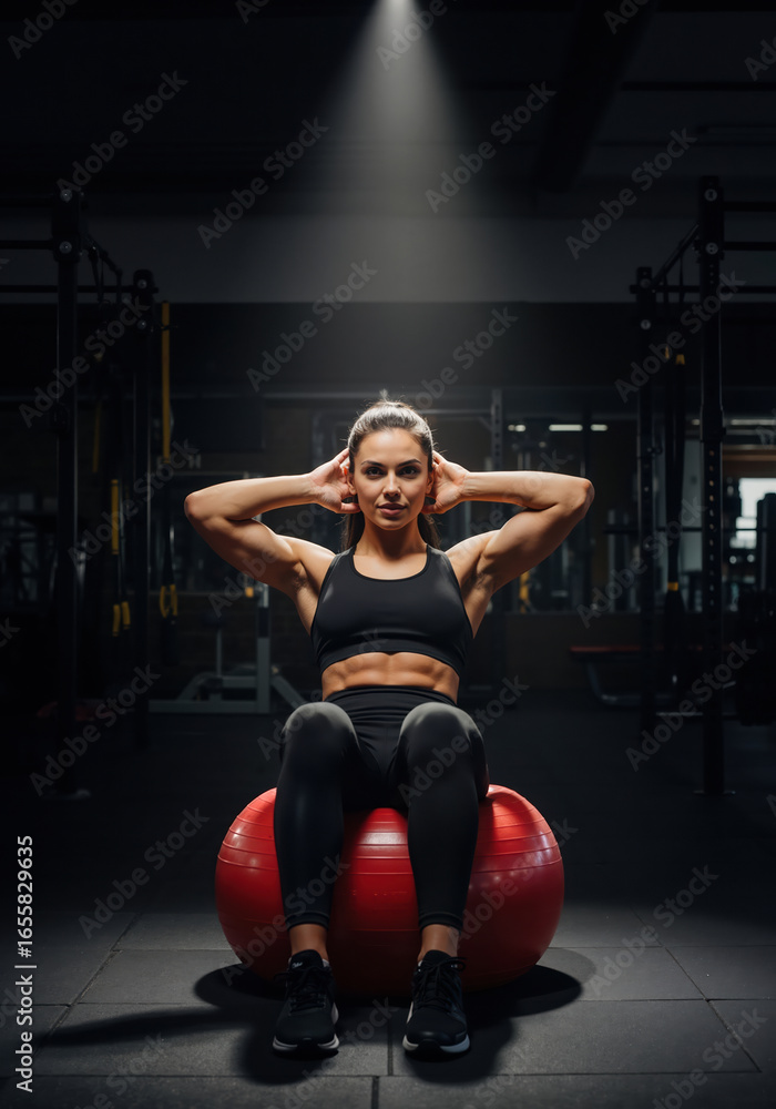 Woman performing crunches on red exercise ball with hands behind head at modern gym facility. Core training and functional fitness for personal training services and gym equipment promotions Woman performing crunches on red exercise ball with hands behind head at modern gym facility. Core training and functional fitness for personal training services and gym equipment promotions