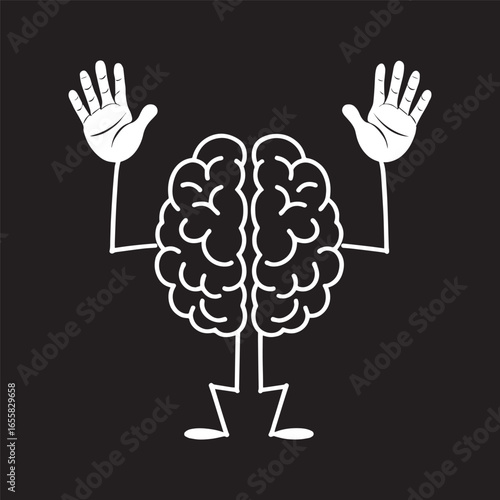 Funny cartoon brain character with hands up
