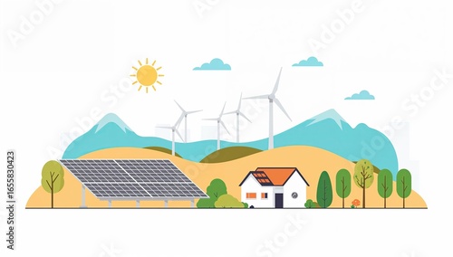 Sustainable Living: Solar Panels, Wind Turbines, and a Cozy Home in a Clean Energy Landscape