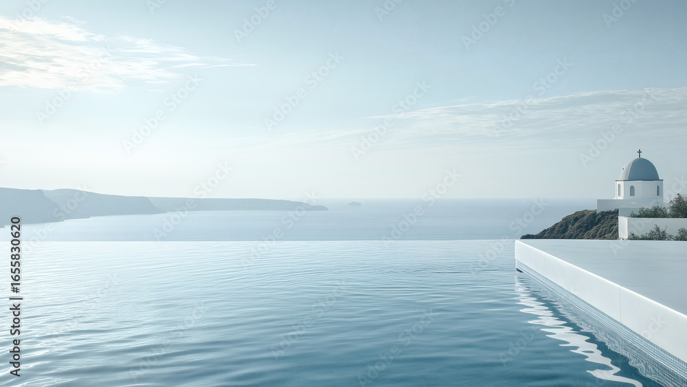 Fototapeta Exclusive modern villa with oceanfront infinity pool, sun loungers, and palm trees, set against a breathtaking blue horizon.