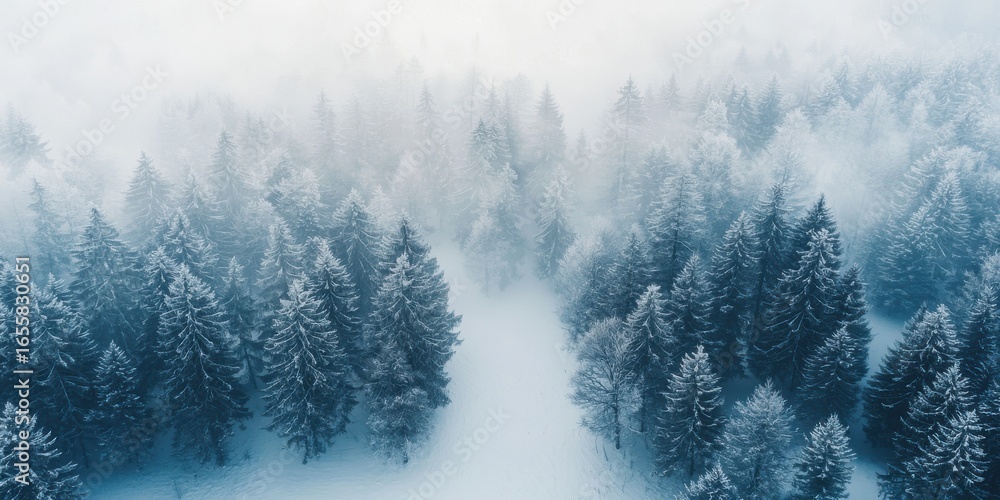 Fototapeta premium A serene winter landscape featuring snow-covered evergreen trees shrouded in a misty atmosphere, creating a tranquil and ethereal scene.