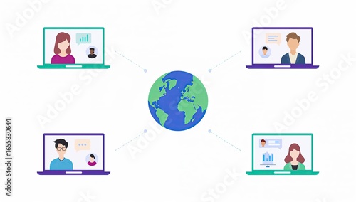Global Virtual Meeting: Laptops Connecting People Around the World with Earth Center