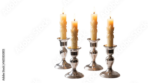 Four Lit Candles in Silver Candle Holders on Transparent Background